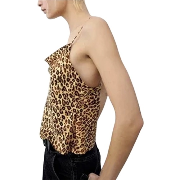 Zara Satin Cami Camisole Chettah Leopard Animal Print Chain Strap Cowl Neck NWOT - Picture 7 of 16